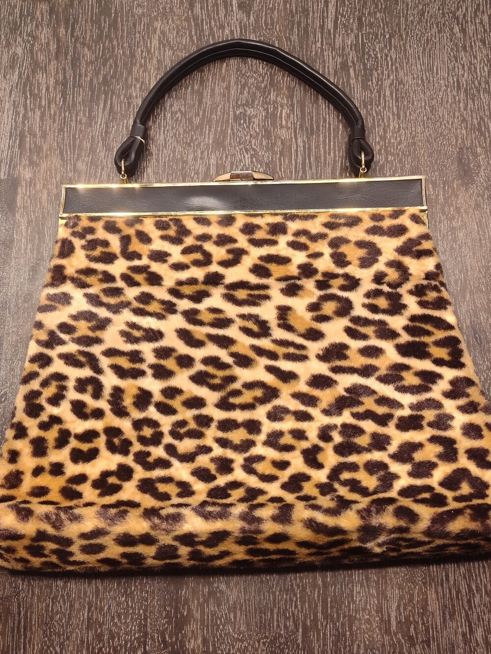Vintage 60s Leopard-Print Faux Fur Top-Handle Handbag Structured Black Handle